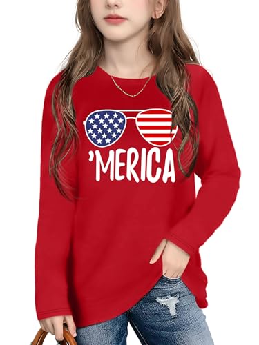 Image of Ithalt 4th of July Outfit Kids Girls American T Shirt USA T-Shirt Fourth of July Tops Patriotic Long Sleeve Tops