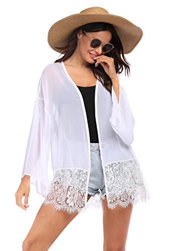 Ekouaer Womens Kimono Cardigans Chiffon Beach Cover ups Loose Casual Tops Swimsuit Coverup White XL