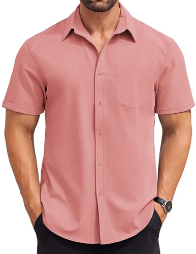 COOFANDY Short Sleeve Shirts for Men Button Down Shirts Wrinkle Free Dress Shirts Summer Outfits Pink