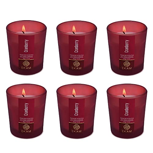 Image of EKAM Cranberry Votive Soy Wax Scented Candle, 40 Grams, 10 Hours Burn Time| Long Lasting Premium Candles | Ideal for Home Decor | Gifting & Aromatherapy (Pack of 6)