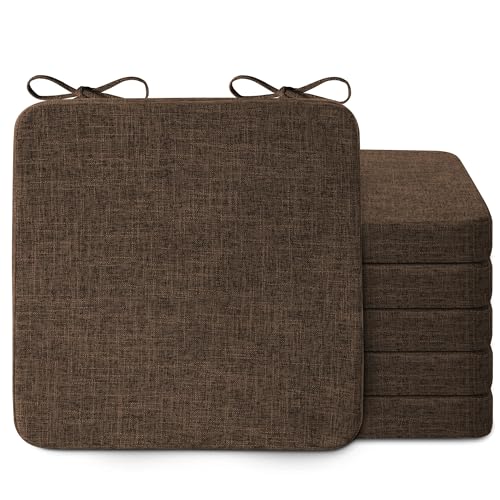 Image of AddGrace Square Chair Cushions for Dining Chairs 6 Pack 16x16x2inch Coffee | Non Slip, Removable Cover with Ties, Textured Fabric, for Kitchen Dining Room Indoor, Hard Wooden Chairs, Family Gathering