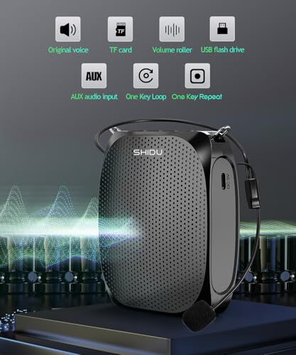 SHIDU S258 Upgraded Portable Rechargeable Voice Amplifier with Wired Neckband Microphone, Supports AUX, USB, & Micro-SD Card Input for Teachers, Tour Guides with Type C Charging Cable|Black