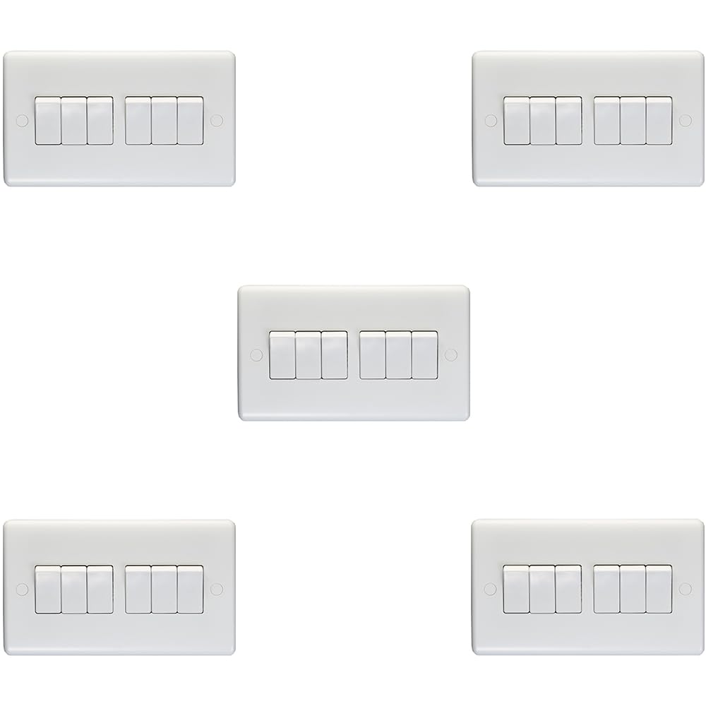 Lichtschalter, 6-Gang-Multi-Lichtschalter, 10 A, 2-Wege, weiße Kunststoff-Wandplatte, Wippe, dekorative Küche, Wohnzimmer, Schlafzimmer, 5 Stück