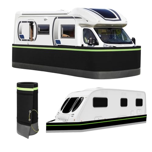[Costruzione con materiali resistenti]Il sistema di fissaggio è realizzato con una combinazione di fibra di poliestere e toppe in acciaio inossidabile. Il tessuto in feltro della gonna per camper è impermeabile, anti-neve, anti-vento, resistente e durevole. La rete metallica sul fondo previene efficacemente le deformazioni causate dalle intemperie e da oggetti pesanti