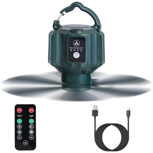 Tent Ceiling Fan for Camping,5200mAh USB Battery Operated Portable Camping Fan Hanging Tent Lantern Fan with 3 LED Light Brightness 3 Fan Speed Smart Timer Remote Control for Outdoor Tent Canopy,RV