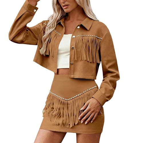 Caxndycing Blazer de negocios para mujer con traje corto, falda de 2 piezas, traje de dos piezas, elegante monocolor, conjunto de traje de manga abombada, chaqueta de traje y minifalda en A, café, S