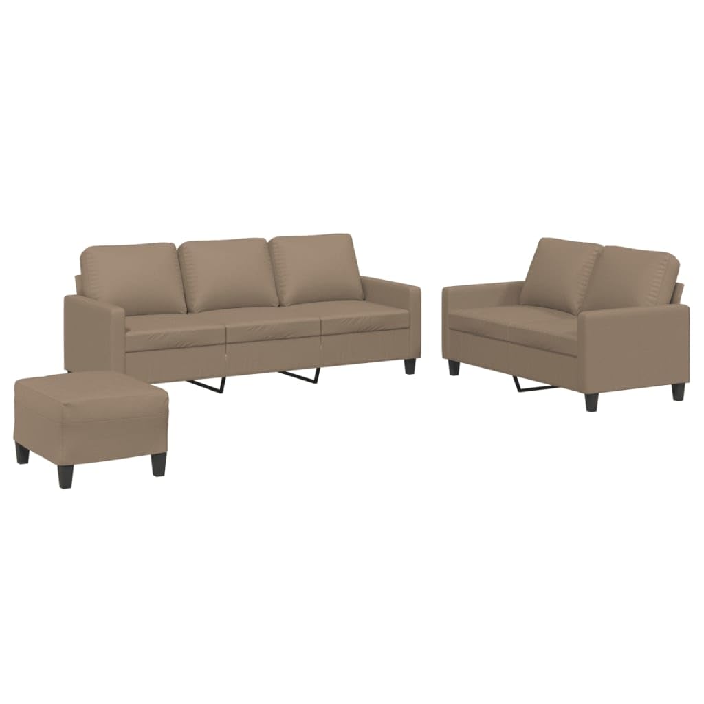 Juego de sofá de 3 piezas de 3 plazas, 2 plazas y taburete, de piel sintética, para salón, sofá moderno acolchado con estructura de metal y cojín, color marrón capuchino