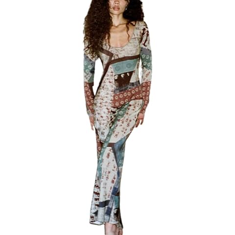 DKE&YMQ Autumn Women's Colorful Long Dress - Slim Fit Printed V-Neck Long Sleeve Tie Belt Retro Maxi Dresses Cover