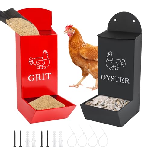 2Pack Chicken Grit Feeder Metal Oyster Shell Feeder with Lid Hanging Gravity Chicken Poultry Feeders Trough Coop Accessories Supplies