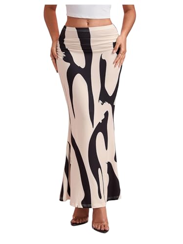 Image of GORGLITTER Women's High Waist Graphic Bodycon Pencil Midi Skirt Elegant Summer Work Casual Flowy Long Skirts Apricot M