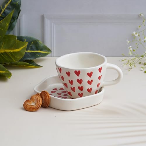 Image of Ceramic Cup and Saucer Set of 2 | Designer Coffee Tea Cups with Matching Saucers | Heart Print Ceramic Mugs for Hot Beverages | Stylish Stoneware Multi-Purpose Cup Saucer | White