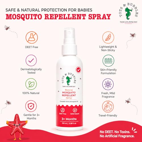 Image of Tots & Bubbles Baby Safe Mosquito Repellent Spray (100ml) for Babies, Toddlers | Natural Protection with Citronella & Lemongrass Oils | DEET-Free, Skin Friendly Insect Spray for Indoor & Outdoor Use | Safe & Gentle on Baby and Mother (Pack of 3)