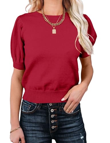 Image of Womens Puff Short Sleeve Sweater Tops Crewneck Basic Knit Pullover Lightweight Casual Sweaters