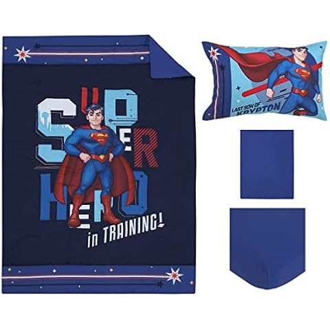 Everything Kids Superman Super Hero in Training Blue & Red Icon 4Piece Toddler Bed Set - Comforter, Fitted Bottom Sheet, Flat Top Sheet, & Reversible Pillowcase, Navy, Red, Blue, Yellow (3722416P) Cover