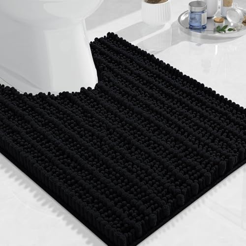 Image of Arotive Luxury Toilet Rugs U-Shaped 24x20, Extra Soft Thick Absorbent Shaggy Chenille Bath Rugs, Machine Wash Dry, Bath Mat for Toilet Base, Tub and Shower, Home Decor Accessories, Black