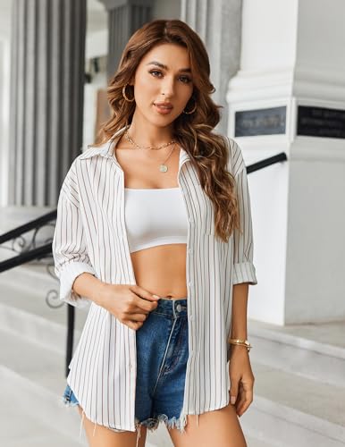 HOTOUCH Women Button Down Striped Shirts Drop Shoulder Blouse Long Sleeve Oversized Shirt with Pocket2