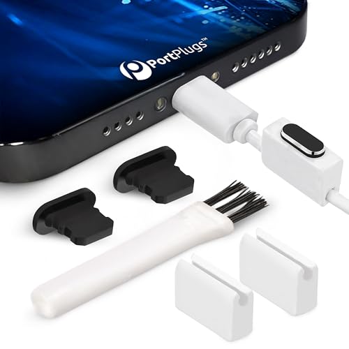 PortPlugs Aluminum Dust Plugs – Compatible with Lightning for iPhone 14, 13, 12, 11, XS, XR, X, 8, 7, Plus, Max, Pro & iPad – Port Covers with Holders & Cleaning Brush | Black (2-Pack)