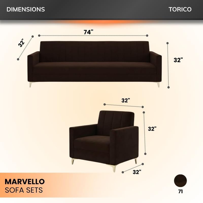 Image of Marvello 3+1+1 Fabric Sofa Set for Living Room | Soft Velvet Upholstery, Sturdy Wooden Frame | Stylish Sofa for Hall & Office Spaces (Dark Brown)