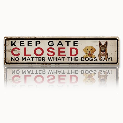 Retro Tin Metal Sign, Dog Keep Gate Closed Sign, Dog Safety Attention Signs for Outdoor Yard Fence, Rustic Backyard Farm Display, Distressed Metal Warning Decor, Home Entry Accent, 15.8 x 4 Inches