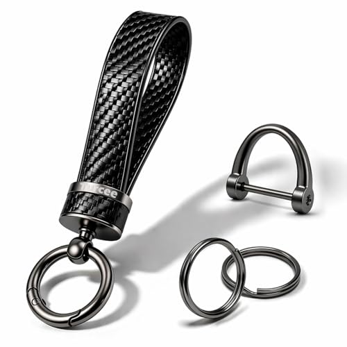 Turcee Leather Car Keychain - Carbon Fiber Interior Key Fob with Anti-Lost D-Ring - Car Accessory Key Ring (Black)