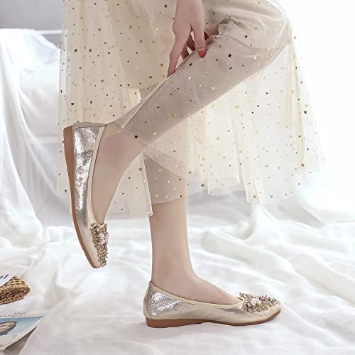 Hee Grand Foldable Ballet Flats For Women Sparkly Rhinestones Bee Buckle Soft Leather Pointed Toe Slip On Loafers Casual Flats Big Size,Gold 7 #TOP5