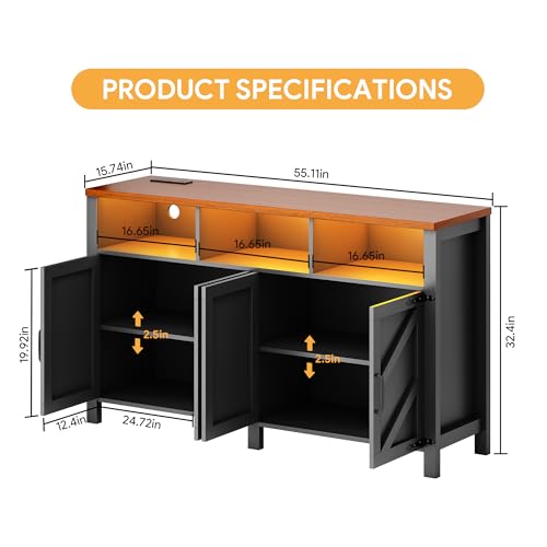 knoworld Buffet Sideboard with Storage with Power Outlets & LED Light 4 Doors, 55\'\' Large Farmhouse Kitchen Storage Cabinet Wood Coffee Bar Cabinet Buffet Table for Kitchen, Dining Room, Entryway