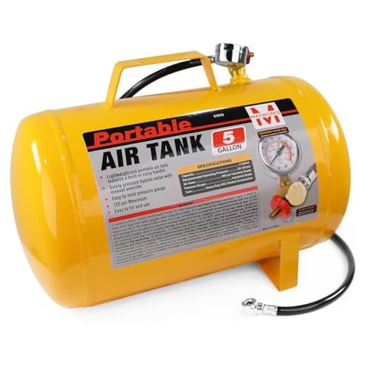 MaxWorks 51010 Portable 5 Gallon Air Tank with Pressure Gauge and Safety Valve Lightweight Durable Construction with 40 Inch Hose for Easy Tool Connections 140 PSI Max