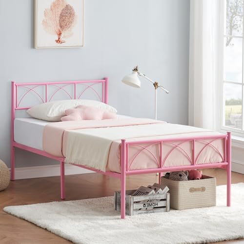 GarveeHome Twin Size Bed Frame with Headboard and Footboard, Twin Bed Frame for Girls/Boys/Teens, Heavy Duty Metal Slat Support, No Box Spring Needed,