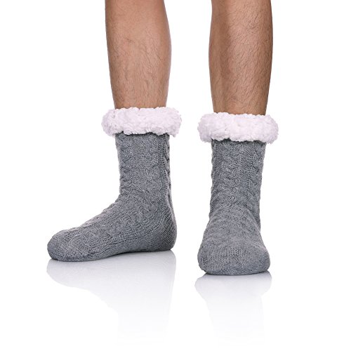 SDBING Mens Super Soft Warm Cozy Fuzzy Fleece-lined Winter Christmas gift With Grips Slipper socks (Light Gray)