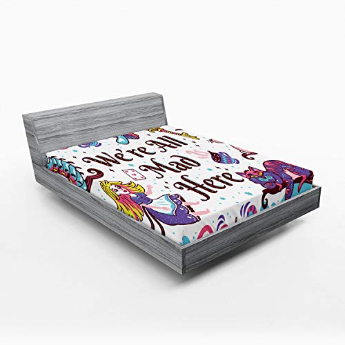 Ambesonne Alice in Wonderland Fitted Sheet, We are All Mad Here Words with Caterpillar White Rabbit Cheshire Cat, Bed Cover with All-Round Elastic Pocket for Comfort, California King, Purple Blue
