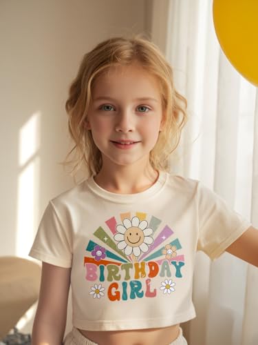 Image of Little Girls Short Sleeve Crop Top Birthday Tshirts Cute Prints for Teen Girls Summer T-Shirt 6-14Years
