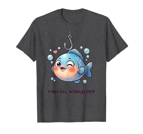 Fish On World Off Fishing Graphic Design T-Shirt, Men, Dark Heather Grey, Medium