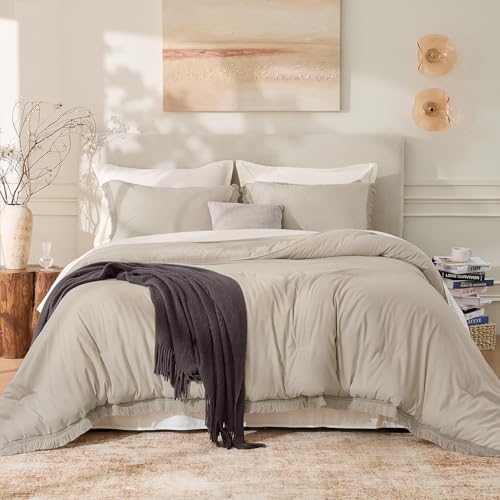 Image of Andency Oatmeal Comforter Set Twin Size, 2 Pieces Boho Tassel Lightweight Bedding Comforter Sets, All Season Soft Fluffy Fringe Bed Set (66x90In Comforter & 1 Pillowcase)