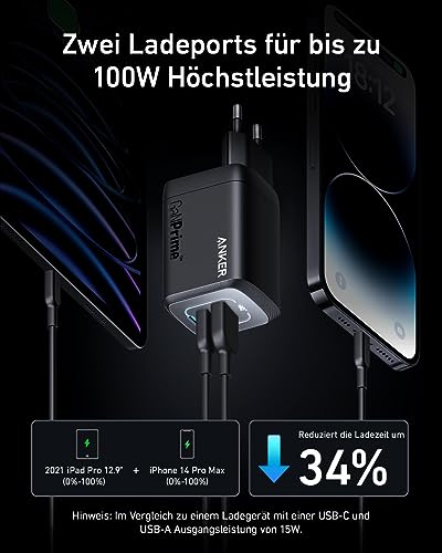 100W-USB-C-oplader, Anker Prime GaN Wall Charger, compacte, inklapbare snellader met 3 poorten voor MacBook Pro/Air, iPad Pro, iPhone 15/15 Pro, Galaxy S23/S22, Note20, Pixel, Apple Watch en meer - Afbeelding 4