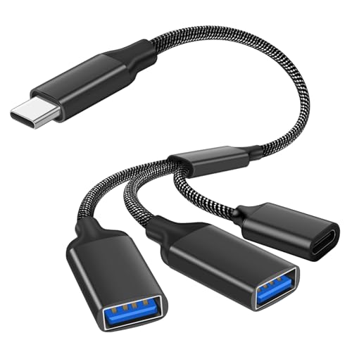 AXFEE Cable Divisor USB, Divisor Tipo C Macho a USB, Adaptador Convertidor 3 en 1 Hub, para i Phone 15 16, Mac, iPad Air Mini, Galaxy S24 Ultra, Negro
