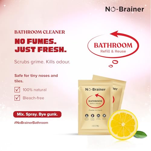 Image of NO BRAINER Bathroom Cleaner Powder to Liquid | Natural Plant‑Based, Non -Toxic | Citrus Fresh for Tiles, Taps |No Bleach, No Residue | Kid & Pet Safe | No Plastic Waste (10 Pouch for 5 Litres)