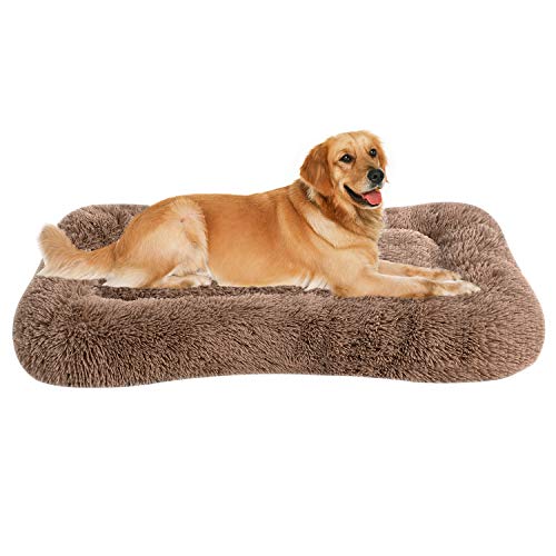 4_Coohom Deluxe Plush Dog Bed Pet Cushion Crate Mat,Washable Pet Bed for Medium Large Dogs and Dogs Crates (X-Large, Khaki)