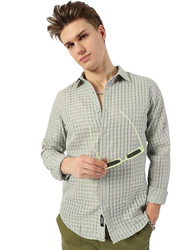 Image of Thomas Scott Men's | Solid | Textured Fabric | Full Sleeve | Slim Fit | Polyester-Blend | Spread Collar | Casual Shirt