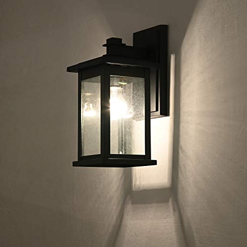 Image of MICSIU 2 Pack Matte Black Outdoor Wall Sconce, 12 Inch Vintage Farmhouse | Square Exterior Light Fixtures with Clear Seedy Glass, Waterproof Outside Wall Mountnt Light for House, Porch, Garage