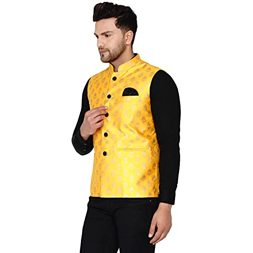 Men's Banarasi Printed Nehru Jacket (Yellow)3