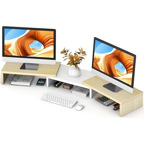 TAVR Dual Monitor Stand Riser, Computer Monitor Stands for 2 Monitors, Extra Long Multifunctional Desktop Organizer Riser for Computer, Laptop, PC, Printer, TV, Max 48.2" Length, Oak Cover