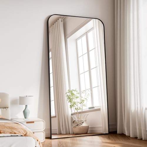 Image of Koonmi Full Length Mirror, 78 inchx35 inch Mirror Full Length with Stand, Black Domed Top Square-Edged Floor Mirror with Aluminum Alloy Frame for Bedroom Living Room