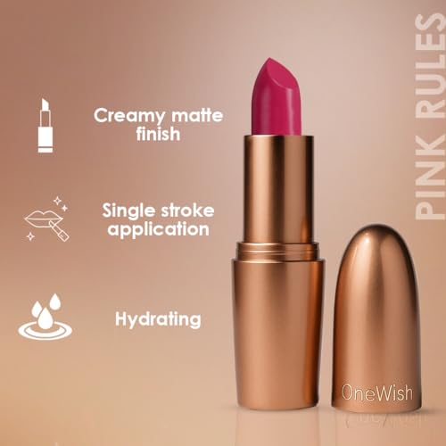 Image of One Wish Creamy Matte Lipstick Long Lasting for Women - Pink Rules Shade 25 | Full Coverage | Creamy Formula | No Flaky Lips | No Dryness | Vitamin E, Almond Oil & Shea Butter for Moisturising Lip | 8 Hrs Lasting | Smooth Finish | 3.8 gm