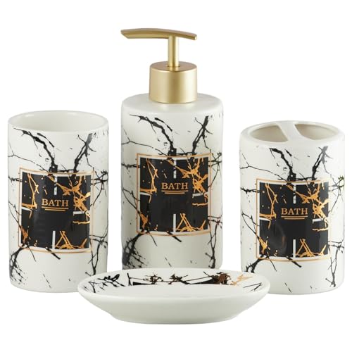 Image of Kookee Ceramic Bathroom Set - Stylish 4 Piece Bath Accessories Kit with Soap Dispenser, Toothbrush Holder, Tumbler & Soap Dish - Modern & Designer Decor for Home & Guest Bathrooms, White /Black (8234)