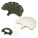 2-Stück Keramik Seifenschale mit Ablauf, Ginkgoblatt-Form Seifenschale, Seifenablage für...