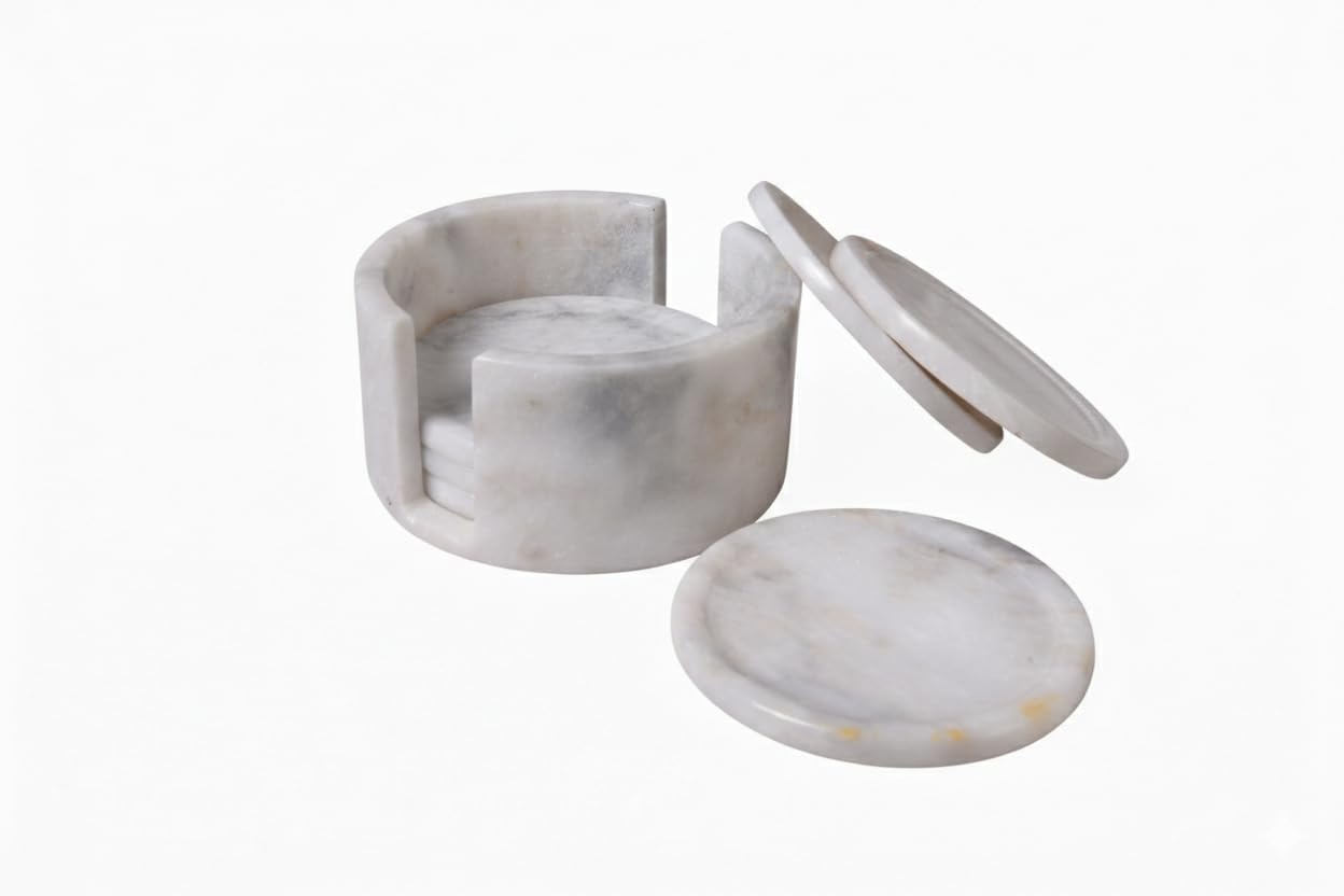 Marble Coasters for Drinks, Round White, Set of 6 with Holder, Decorative Table Protection