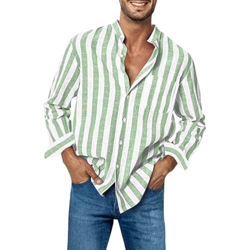 Mens Long Sleeve Shirts Casual Button Down Fashion Stripe Print Tops Loose Fit Lapel Blouse Shirt with Pocket
