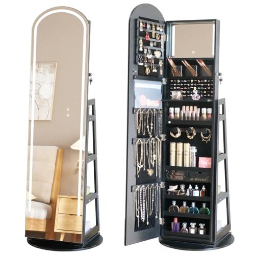 MASMIRE Arched Rotating Jewelry Cabinet with LED Lighted Full Length Mirror & Built-in LED Vanity Mirror, Lockable Standing Jewelry Armoire, Large Storage Organizer for Jewelry (Black)