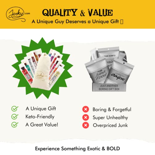 Jerky.com Exotic Meat Sticks Gift Bag | Wild Game Jerky Sampler with Venison, Elk & Wild Boar | 12pc High Protein Jerky Gift basket | Unique Valentines Gifts for Him