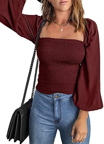 EVALESS Long Sleeve Tops for Women Off Shoulder Blouses Boho Clothes for Women Business Casual Smocked Square Neck Ladies Tops and Blouses Fashion 2023 Spring Clothes Red Shirts, Large